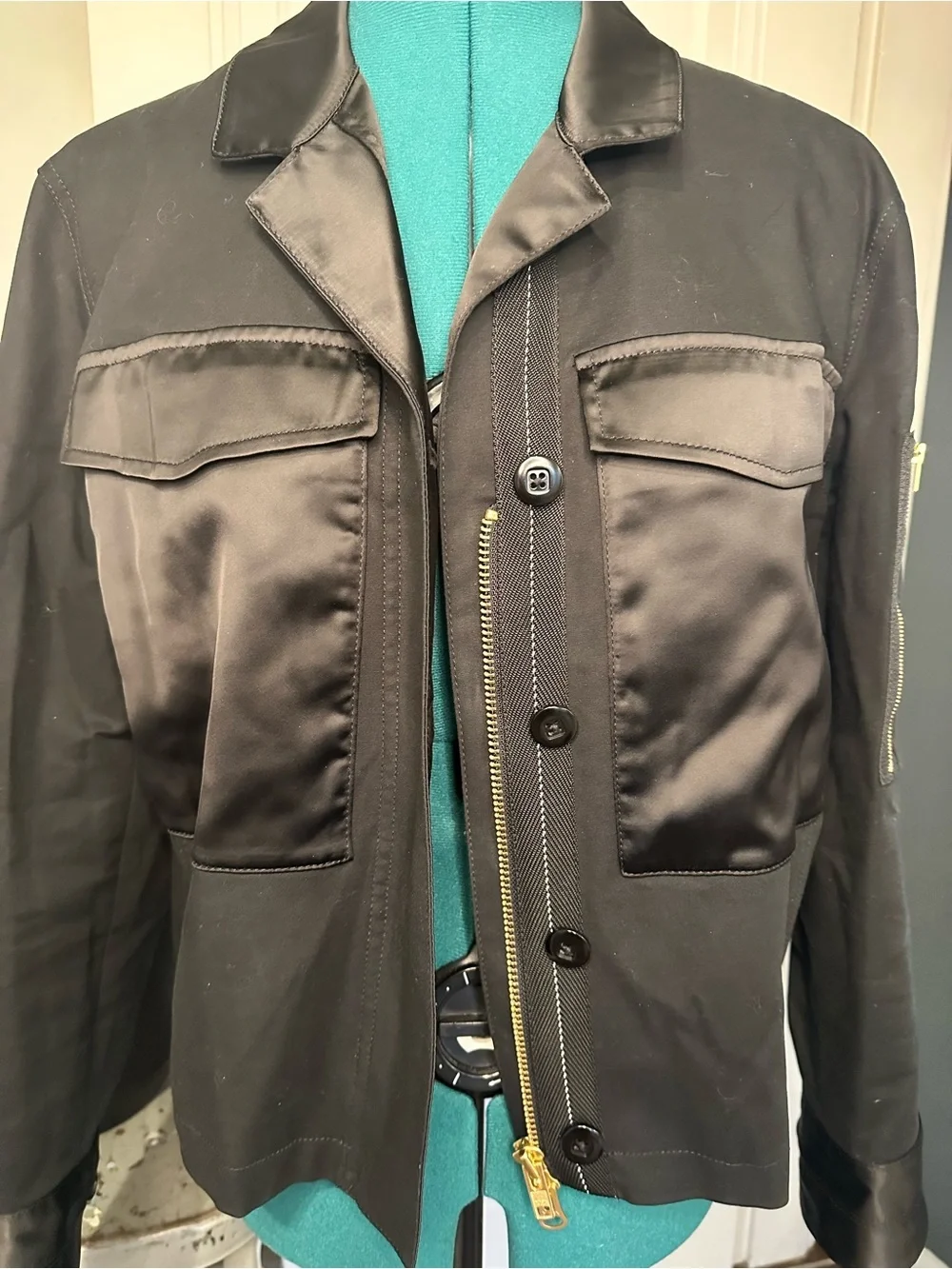 CAbi Black Utility Jacket with Satin Pocket Accents
